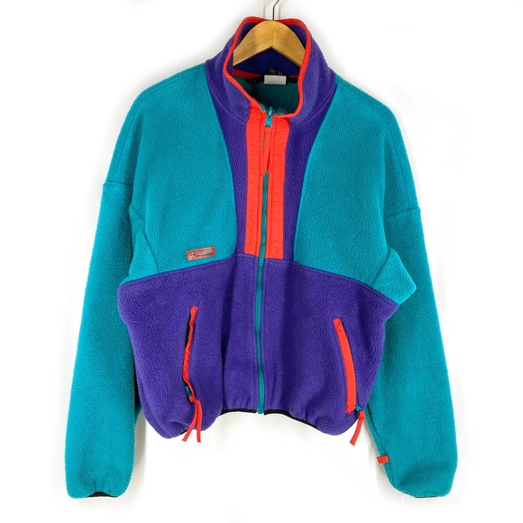 Columbia Other - Columbia Vintage Fleece Sweatshirt Colorblock Aqua Purple Sherpa Zip 80s 90s L